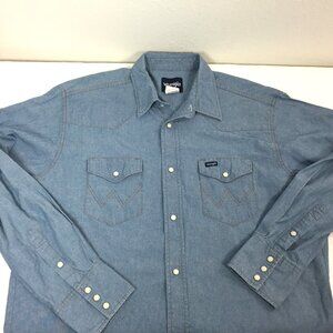 Vintage Wrangler Denim Shirt XL Tall Pearl Snap Blue Long Sleeve